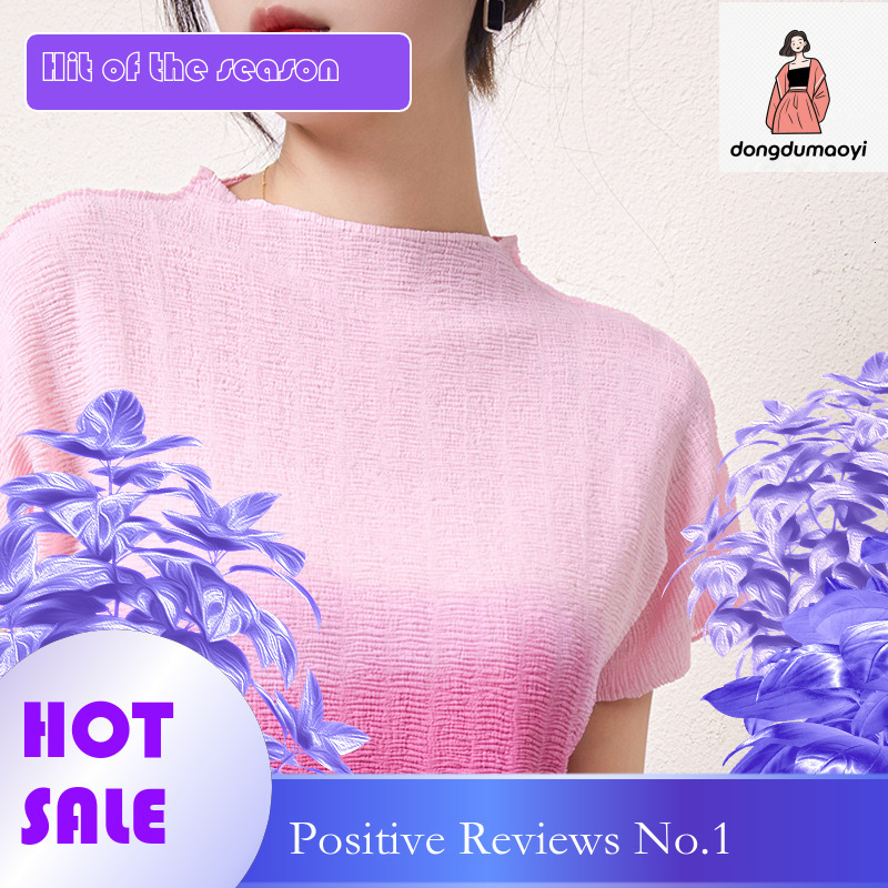 dongdumaoyi Miyake short sleeved T-shirt pleated 2024 summer digital print round neck loose thin style chic design top for women