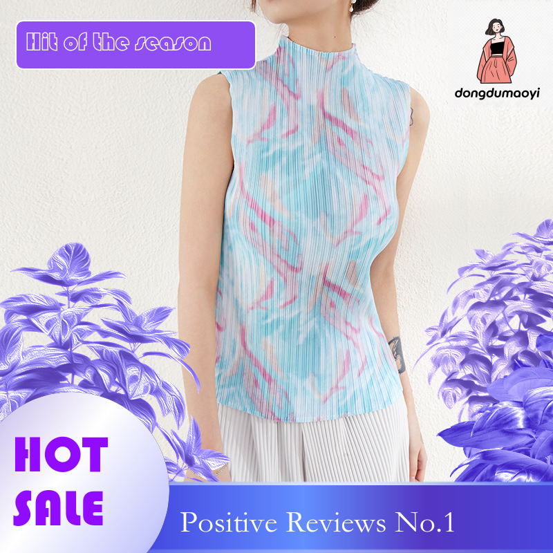 dongdumaoyi Wrinkled top thin pullover half slim fit sleeveless printed yellow elastic round neck temperament commuting vest t-shirt