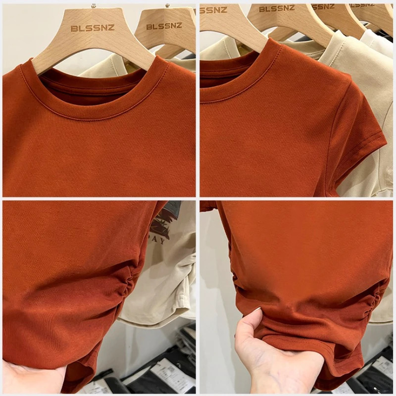 AOSSVIAO Harajuku Women Crew Neck Short Sleeve Cotton Slim Fashion Tee with Ruched Sides Detail Tshirts 250514