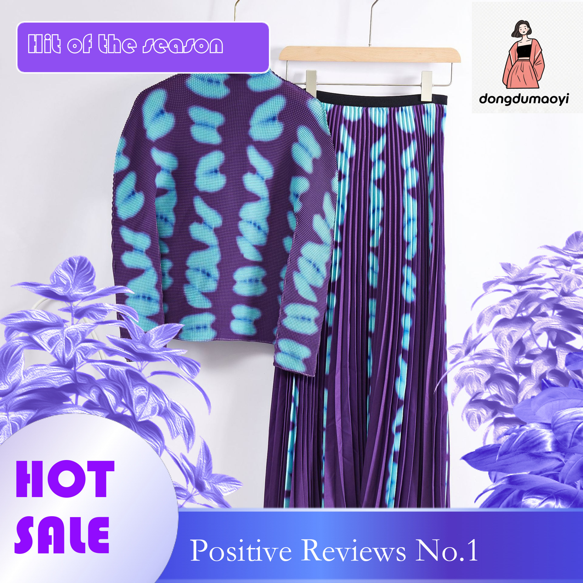 dongdumaoyi Half high collar printed base autumn outfit European small shirt two-piece slimming pleated skirt fashion set
