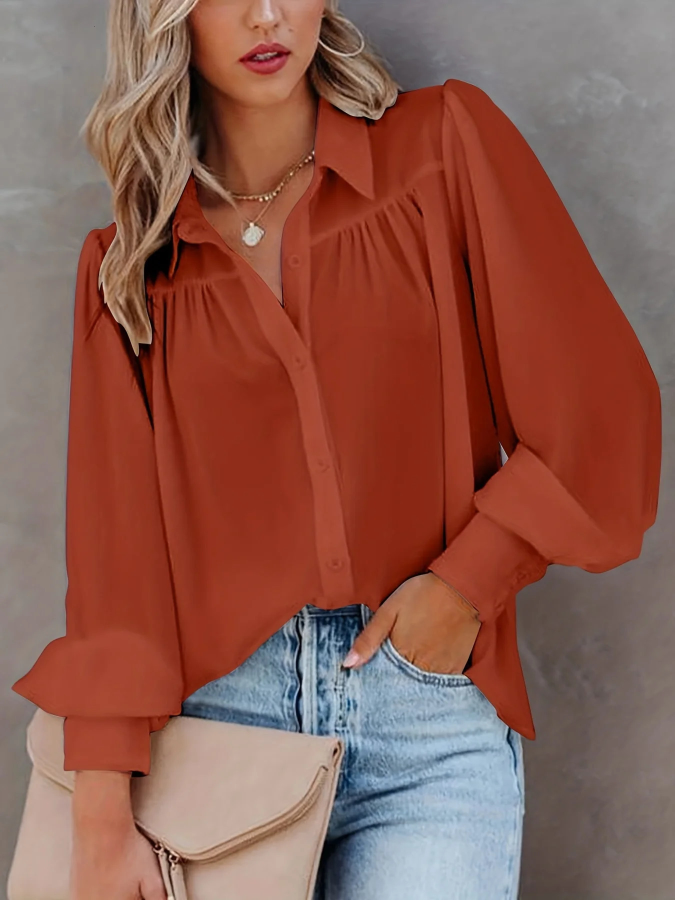 Plus Size 1XL5XL Womens Fashion Basic Blouse Ladies Solid Button Up Lantern Sleeve Turn Down Collar Shirt 250514