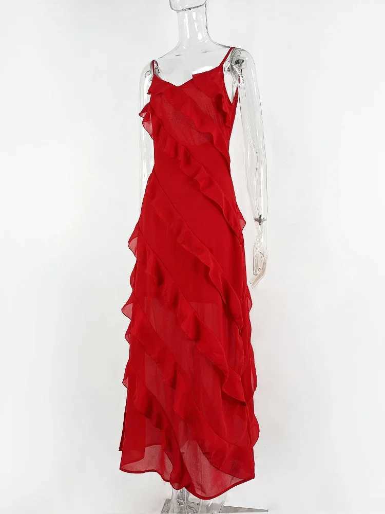 2024 Summer Fashion New Elegant Womens Sexy Chiffon Vacation Style Sling Dress with Ruffle Edge Style Long DressXJ250514
