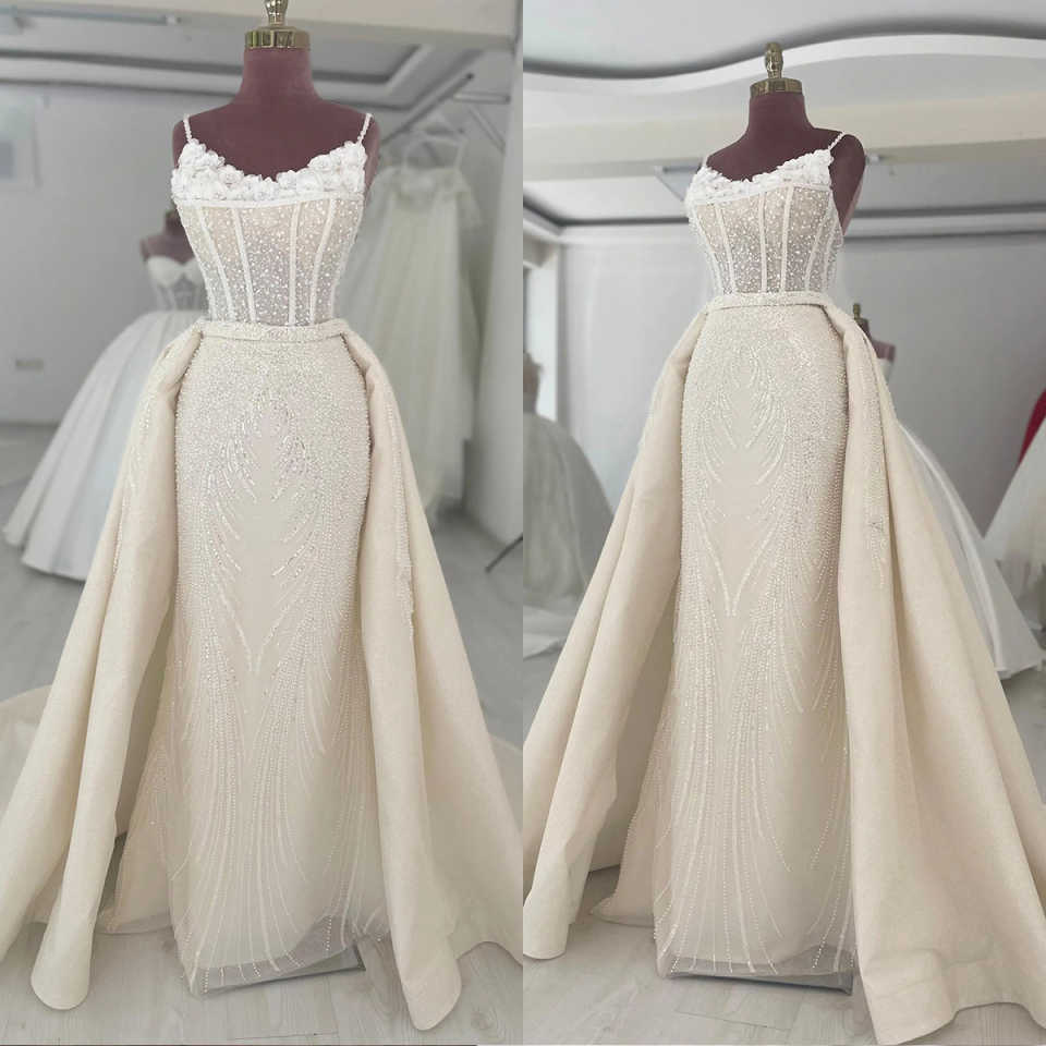 Elegant Mermaid Wedding Dress Spaghetti Straps Sleeveless Bridal Gowns Sequins Pearls Appliques Detachable Train Dresses Custom Made vestidos de novia