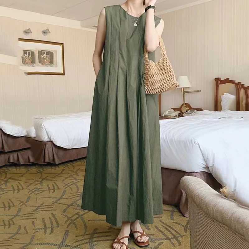 REALEFT Summer Solid O-Neck Pleated Womens Tank Dresses 2024 New Korean Sleeveless Casual Loose A-Line Dresses Pockets FemaleXJ250514