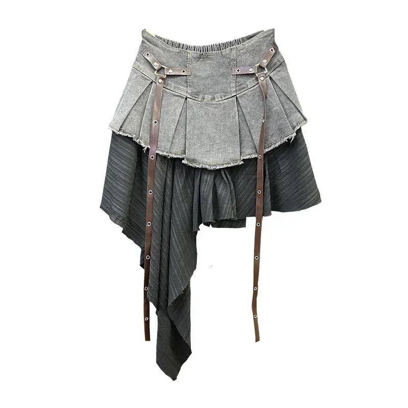 Retro Spliced Denim Pleated Skirt for Women Summer Temperament Girl Fashionable High Waist Aline 250514