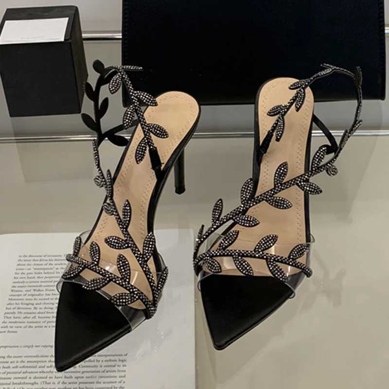 Likes 2025 Summer Fashion Crystal Rhinestone Gold Leaf Women Sandals Elegant Pointed Open Toe Thin High Heels Party Dress Shoes W250514