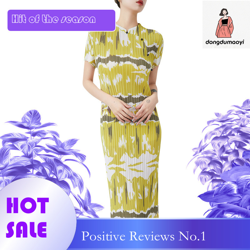 dongdumaoyi Miyake Summer New Style Cheongsam Long with Wrinkles High End Charm Grass Green Waist Collection Dress for Women