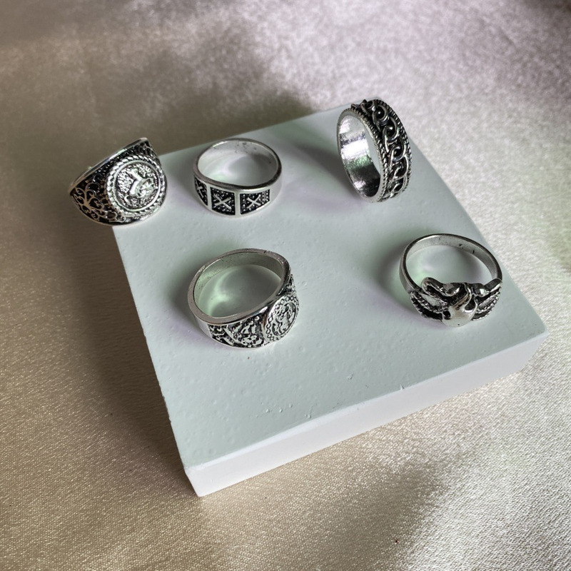 Trendy Metal Style Design Totem Geometry Couple Ring 5-piece Set