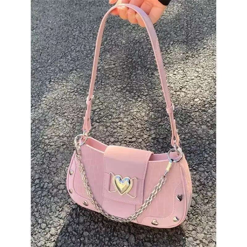 JIAERDI Hot Grils Y2k Handbag Women Vintage Sweet Cool Heart Chain Pink Underarm Female Fairycore Aesthetic Shoulder Bag New