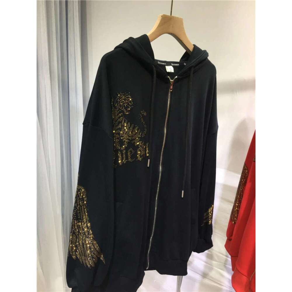 Plus Size Zip-Up Hoodie for Women Rhinestone Embellished Graphic Y2k Jacket Trendy Spring Fall Fashion Essential Coat