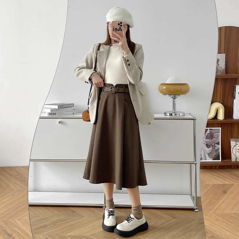 Plus Size Woolen Women Autumn Winter New Arrivals High Waist A Line Skirt With Belt Korean Fashon Skirts Womens