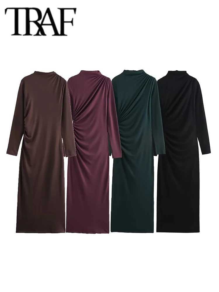 Ruched Long Dresses for Women 2025 Autumn Fashion Stand Collar Long Sleeve Midi Dress Woman Evening Party DressesXJ250514