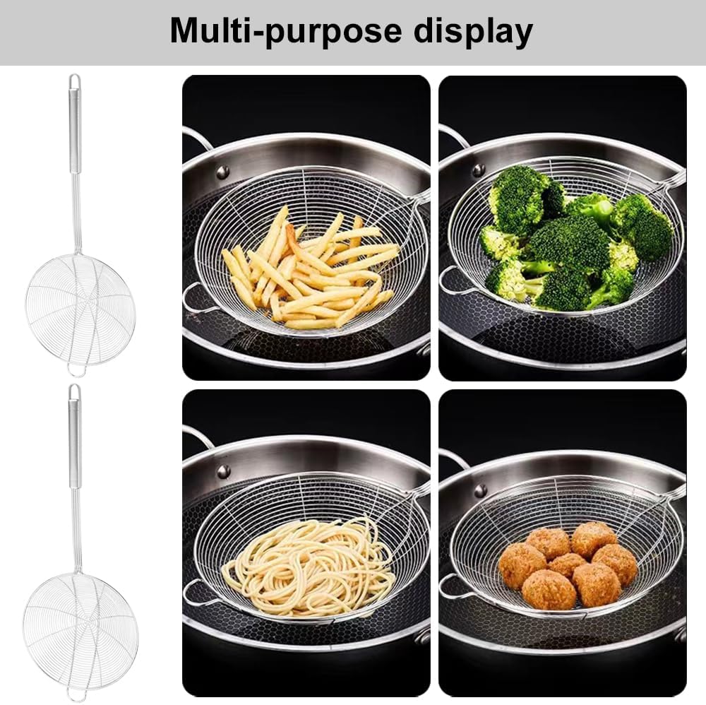 DINUO. Stainless Steel Slotted Spoon, 2 Slotted Spoon, Spider Skimmer, Strainer Ladle, Frying Ladle for Hot Pot, Cooking and Frying (14-16 cm)