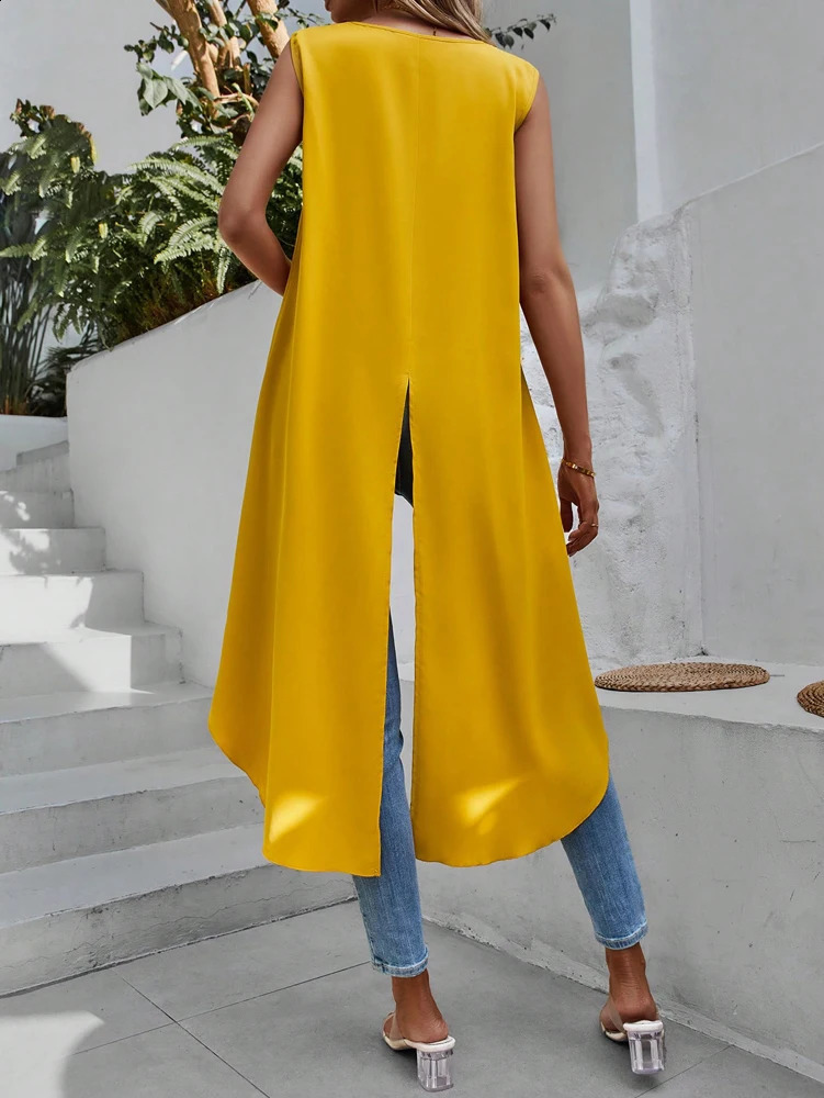 Plus Size Womens 2025 Summer Wrap Edge Sleeveless Top High Low Hem Tank V Neck Solid Colour Stylish 250506