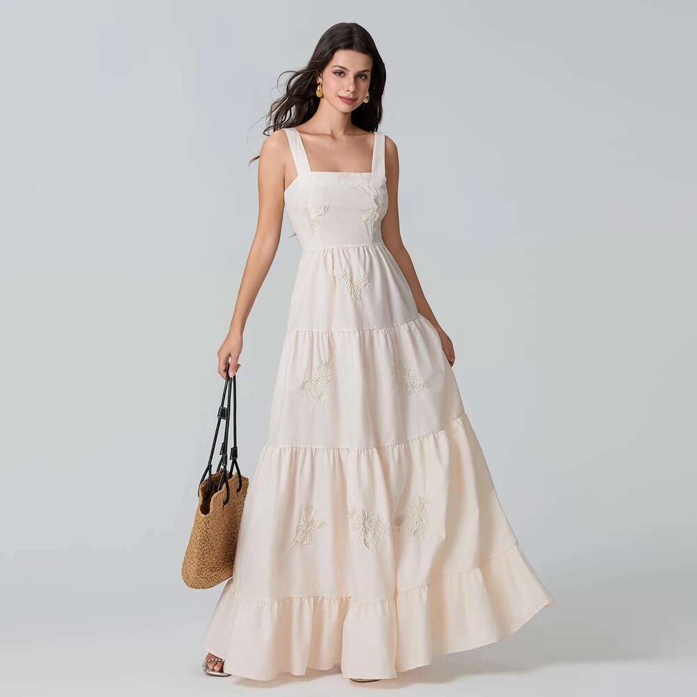 Women's Boho Tank Sleeveless Square Neck Embroidery Tiered Long Beach Dress for Vacation Elegant Party Vestidos