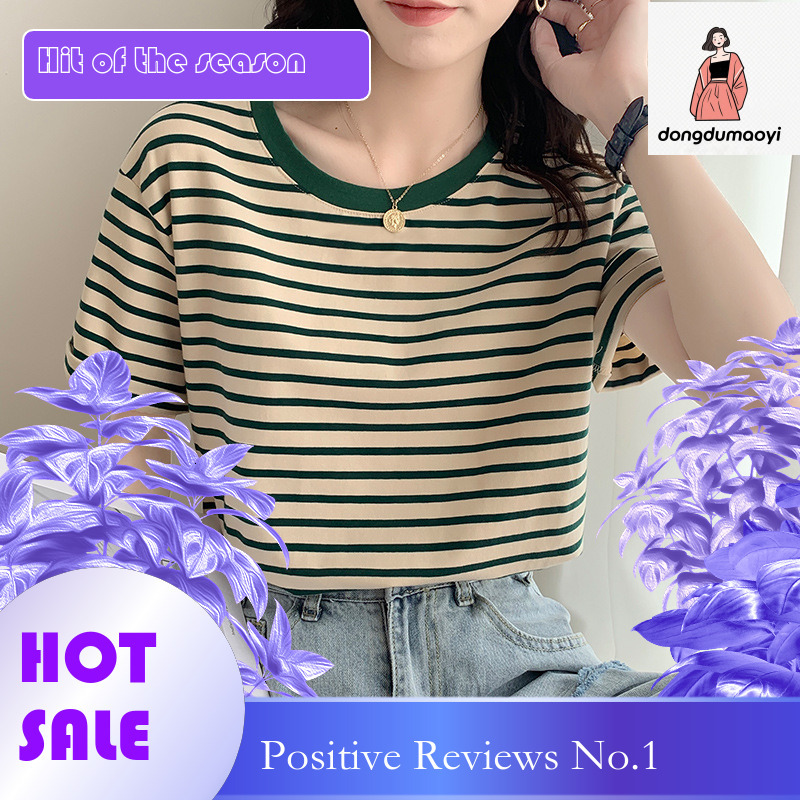dongdumaoyi Round neck short sleeved for women in summer 2025, new women's clothing thin, loose and versatile striped T-shirt top