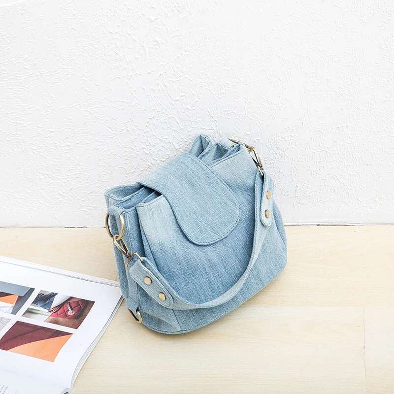 Casual Denim Bucket Bag For Women Shoulder Crossbody Bag Multiple Pockets Ladies Handbag Design Female Big Totes Blue