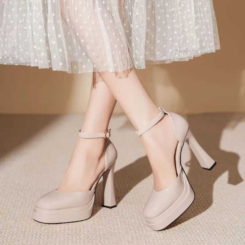 French waterproof platform high heels womens summer one-line buckle patent leather thick heel shoes 11cm apricot tall sandals W250514