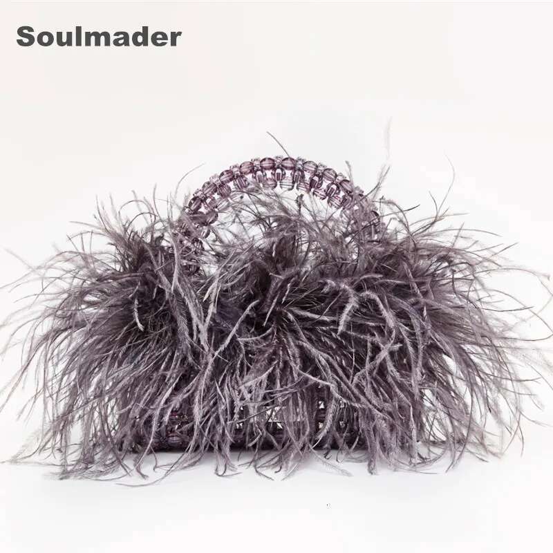 Pearl Beaded Evening Bag Ostrich Feather Fur Designer Clear Acrylic Crystal Stone Box Tote Handbag Women Handmade Party Purse