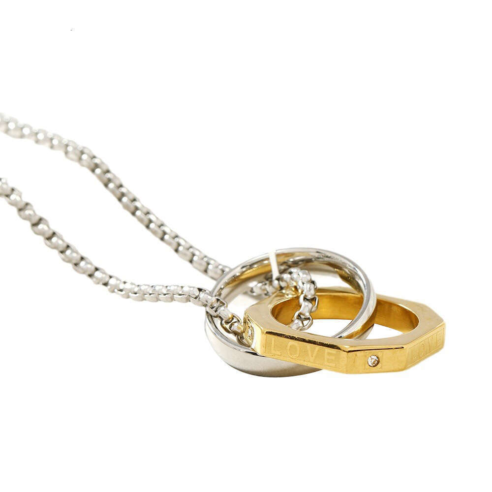 Stainless Jewelry Fashion Versatile Love Letter Double Ring Titanium Steel Necklace Geometric Multi sided Pendant Sweater Chain