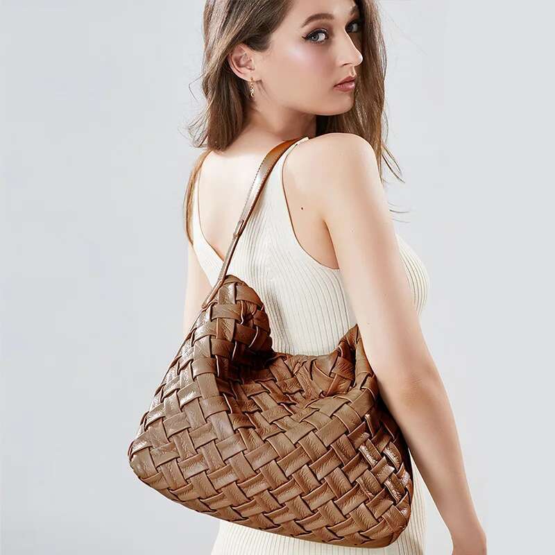 Woven Tote Bag Women Textured Pleated Soft PU Leather Large Capacity Shoulder Messenger Bags