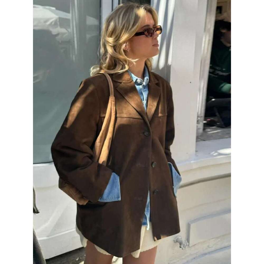 ZBZA Women Brown Retro Loose Blazer Jacket Lapel Single-breasted Long-sleeved Solid Short Outerwear Fall Winter Female Chic Coat