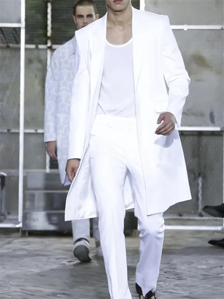 2 Pieces Long Jacket White Trousers Groom Tuxedos Wedding Suits for Men ed Lapel Man Blazers Coat Pants Prom 250506