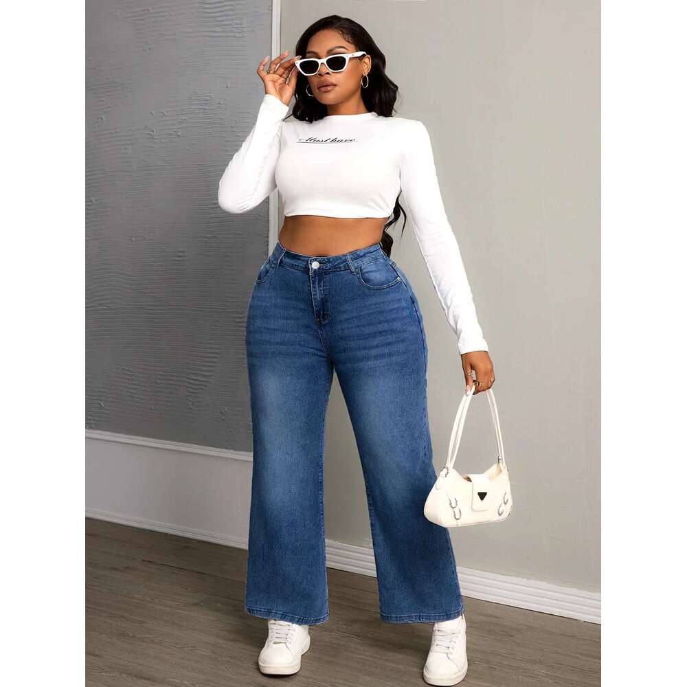 Women's Fashion Plus Size High Rise Straight Wide Leg Jeans - Stretch Comfort, Washed Blue