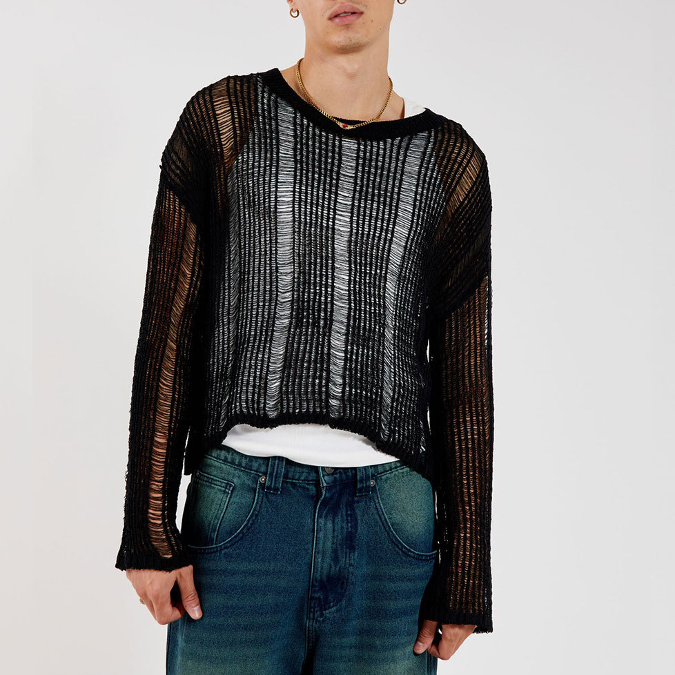 Men's T Shirts Elastic hollow slightly transparent sweater for men, long sleeved loose and versatile knitted sweater