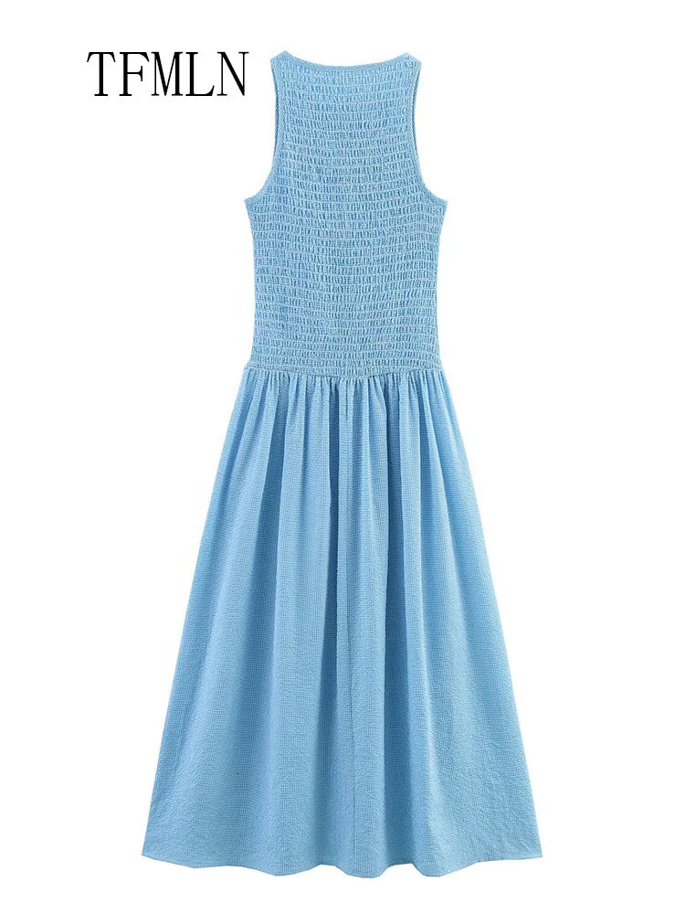 TFMLN Chic Casual Plaid Women Dresses Elegant ONeck Pleated Sleeveless Long Pullover Dress Fashion Summer Female Vestido 250514