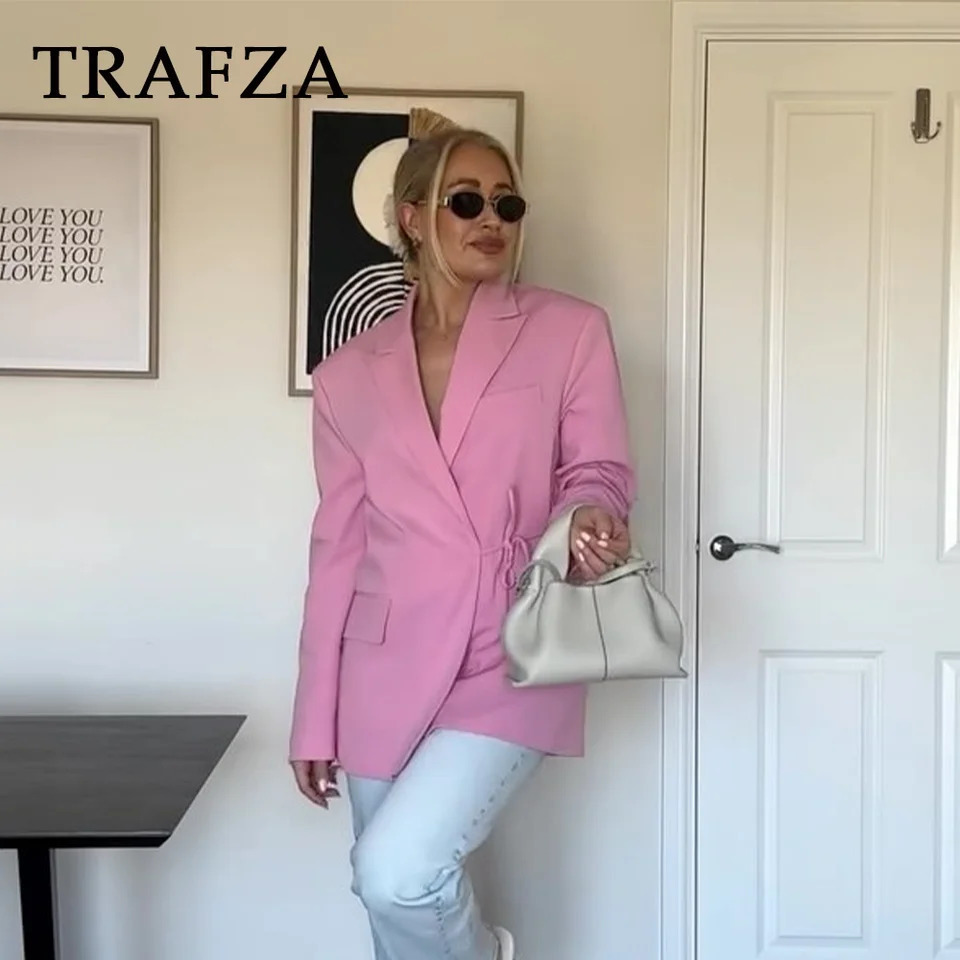 TRAFZA 2025 Spring Summer Office Lady Elegant Blazers Fashion Casual Solid Pink Lace Up Shrug Straight Chic Women Blazers 250513