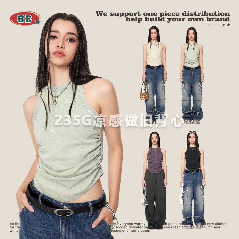 BE | 2025 Spring/Summer New American Street Hot Girl Style Women's Wear Sexy Pure Desire Wrinkle Tank Top for Women