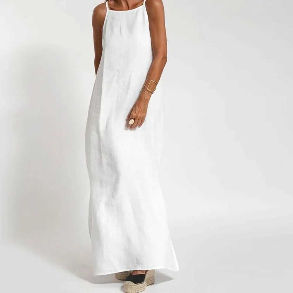 Women Cotton Linen Side Split Long Slip Dress Summer Lady Strapless Solid Color Holiday Party Dresses FYY-10080XJ250514