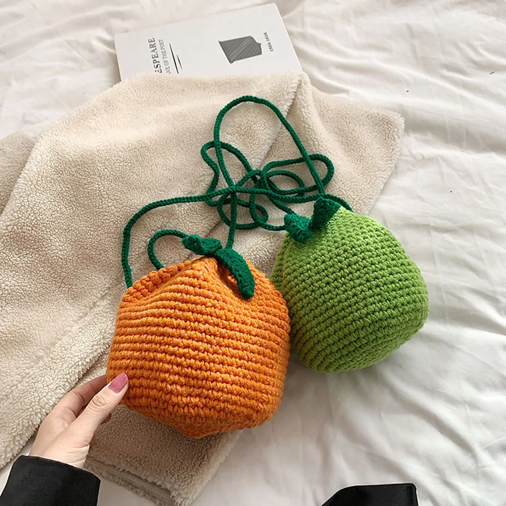 Female Knitted Purse Drawstring Crossbody Bag Orange Shape Cute Fruit Pouch Daily for Girls Women 250514