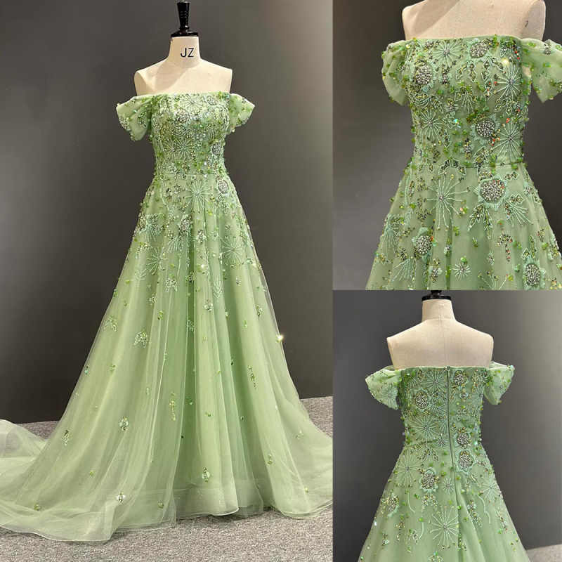 Graceful Green Prom Dresses A-Line Off The Shoulder Sequins Appliques Customized Zipper Court Gown Evening Dress Plus Size Vestido De Noite