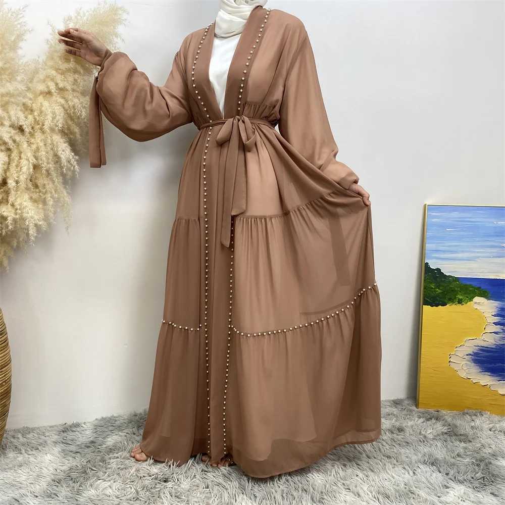 Abaya Dubai Muslim womens fashion Cardigan dress Arab net color dded Moo chiffon elegant temperament cardigan robe X250514