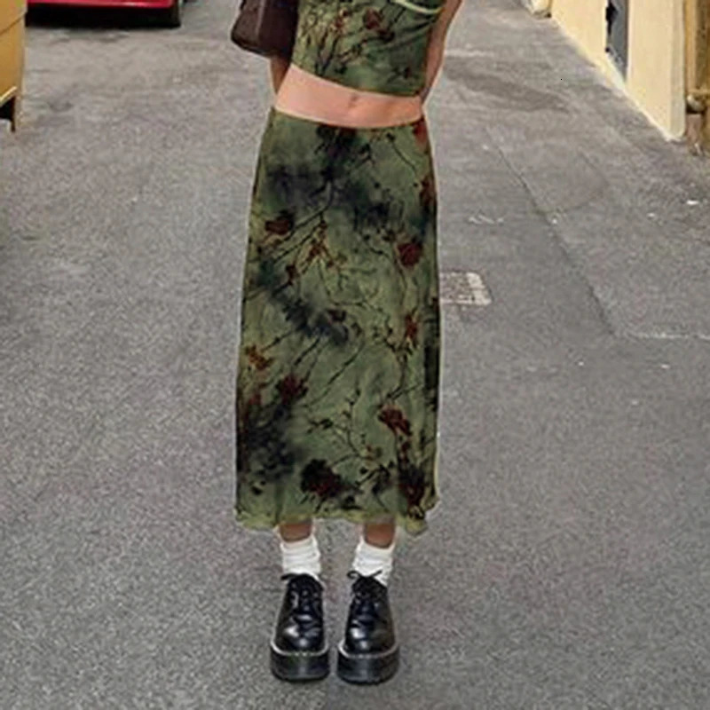 CIBBAR Harajuku Floral Print Long Skirt Vintage Low Rise Straight Midi Skirts for Women Spring Summer Allmatch Ladies Y2k 250514