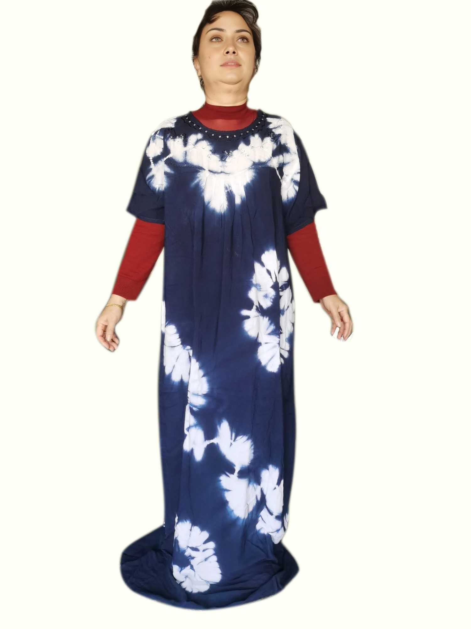 2025 New Summer Pure Cotton Tie-Dye Long Loose Muslim Dress with Scarf Sparkle Embroidery Breathable Comfortable Maxi Abaya X250514