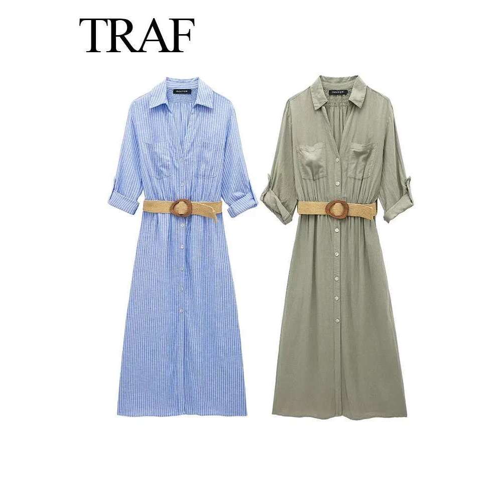 TRAFZA New Woman Blue Striped Chic Long Sleeve Dress Office Lady With Belt Midi Dresses Casual Loose Holiday Mujer Vestidos