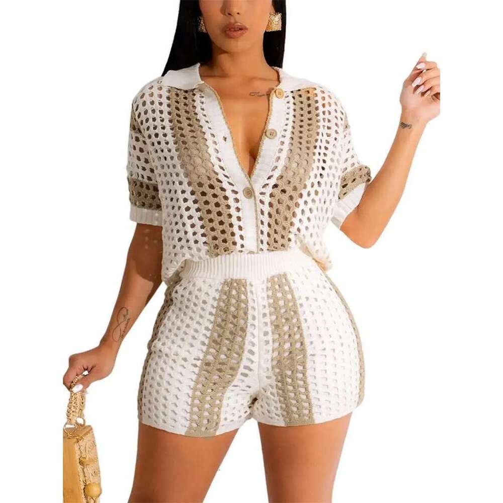 Plus Size Summer New Women's Holiday Set 2 Pieces Crochet Button Cardigan and Trousers Beach Cover Up
