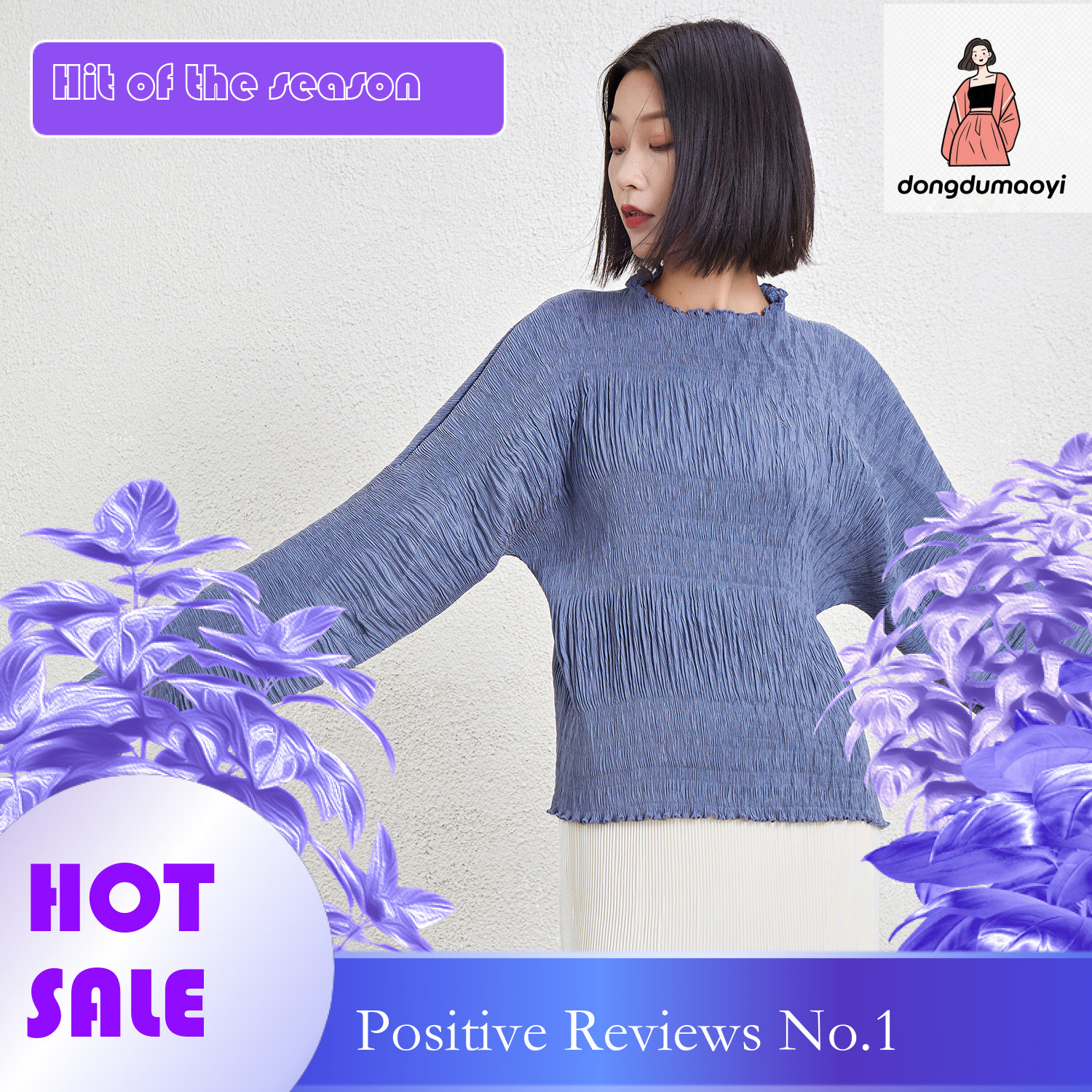 dongdumaoyi Lazy elegant small shirt with loose fit design, Miyake autumn and winter new style long sleeved T-shirt round neck pleated sweatshirt for 