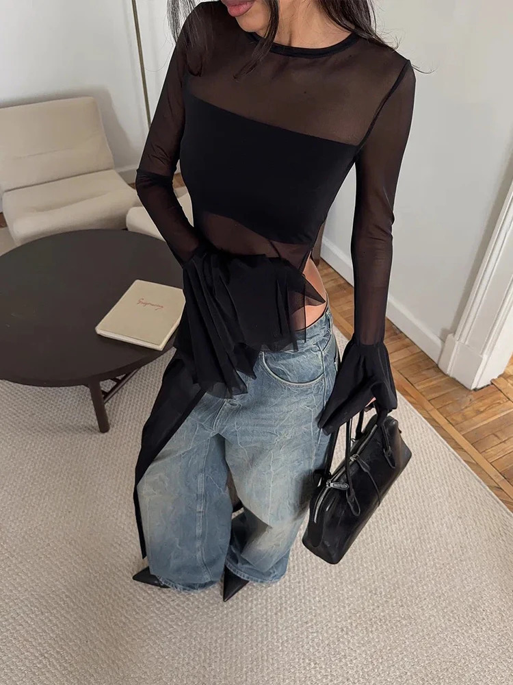 Sisterlinda Mesh Full Ruffle Sleeve Tshirts Solid Simple See Through Crew Neck Super Long Tees Female Unique Street Summer Tops 250514