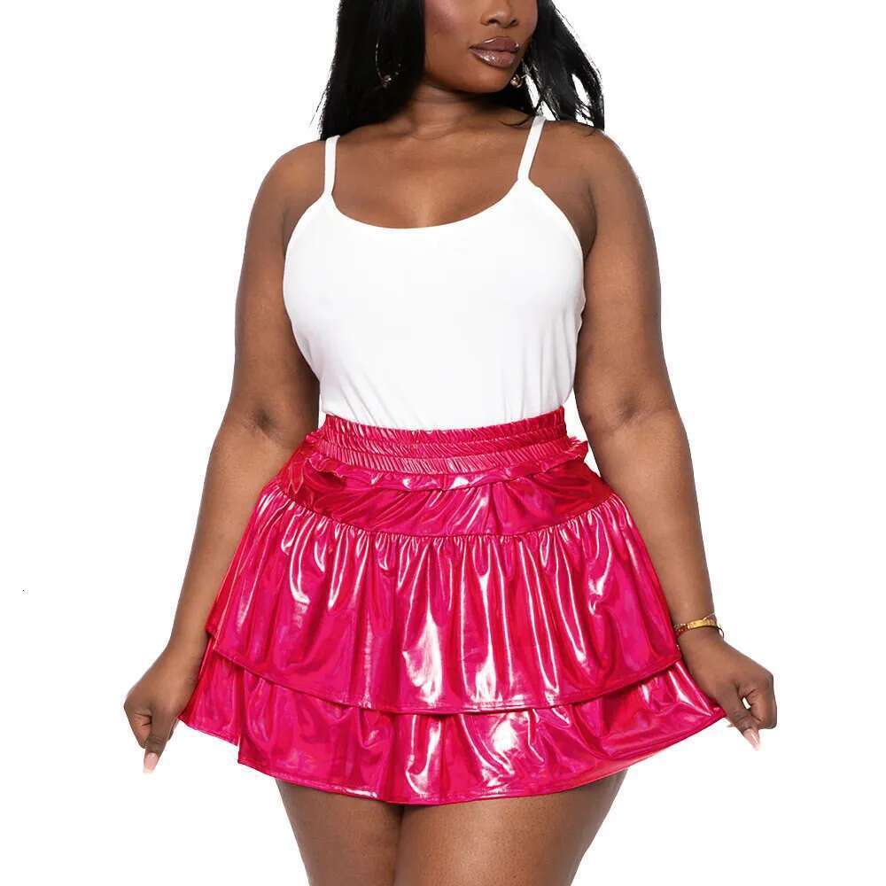 Plus Size Hologram Laser Tiered Pleated Mini for Womens High Elastic Waist A-line Pole Dancing Skirts Shiny Streetwear