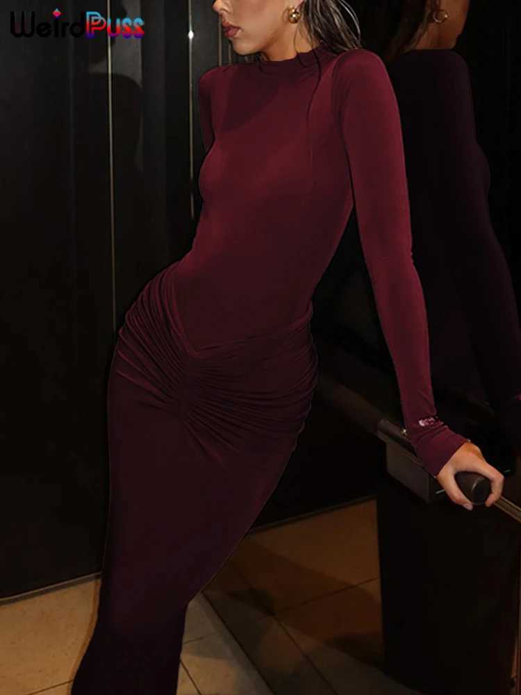 Weird Puss Hipster Ruched Dress Women o-NeckFull Sleeve Skinny Stretch Robe Autumn Trend Simple Classic Pleats Long BodyconXJ250514