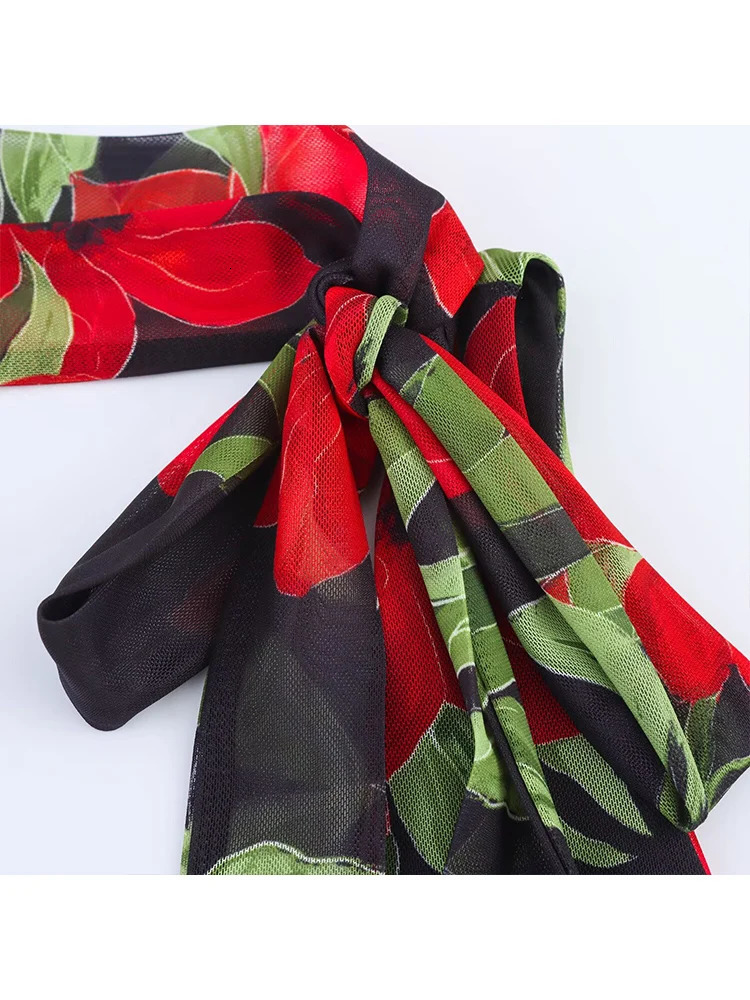 TFMLN Womens Floral Print Long Dress Sexy Vneck Sleeveless Slim Mesh Scarf Decoration Dresses Female Summer Elegant 250514