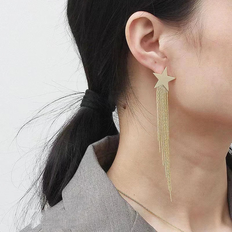 Lifefontier Gold Silver Color Metal Star Long Tassel Drop Earrings For Women Trendy Geometric Party Dangle Earring Jewelry 250513