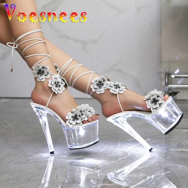 Women Transparent Platform High Heels Light Up Glowing Luminous Sandals Handmade Flowers Ankle Strap 17CM Summer Shoes For Women W250514