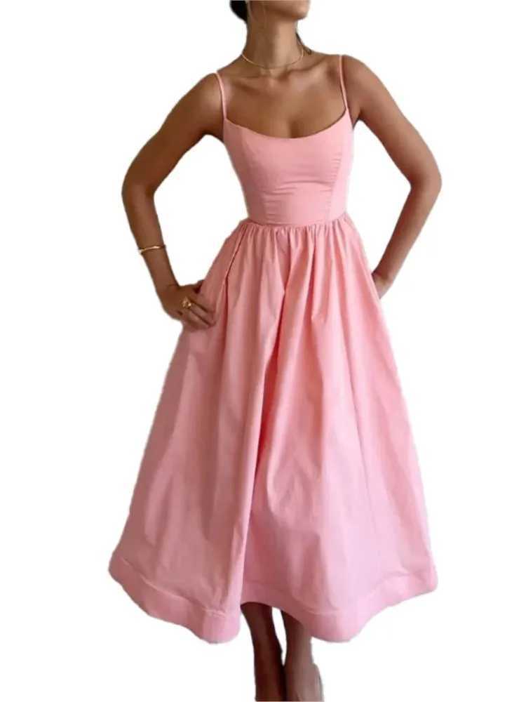 Sexy Solid Spaghetti Strap A-line Maxi Dresses Women Low Cut Sleeveless Big Skirt Dress Summer New Fashion Elegant Party DressXJ250514