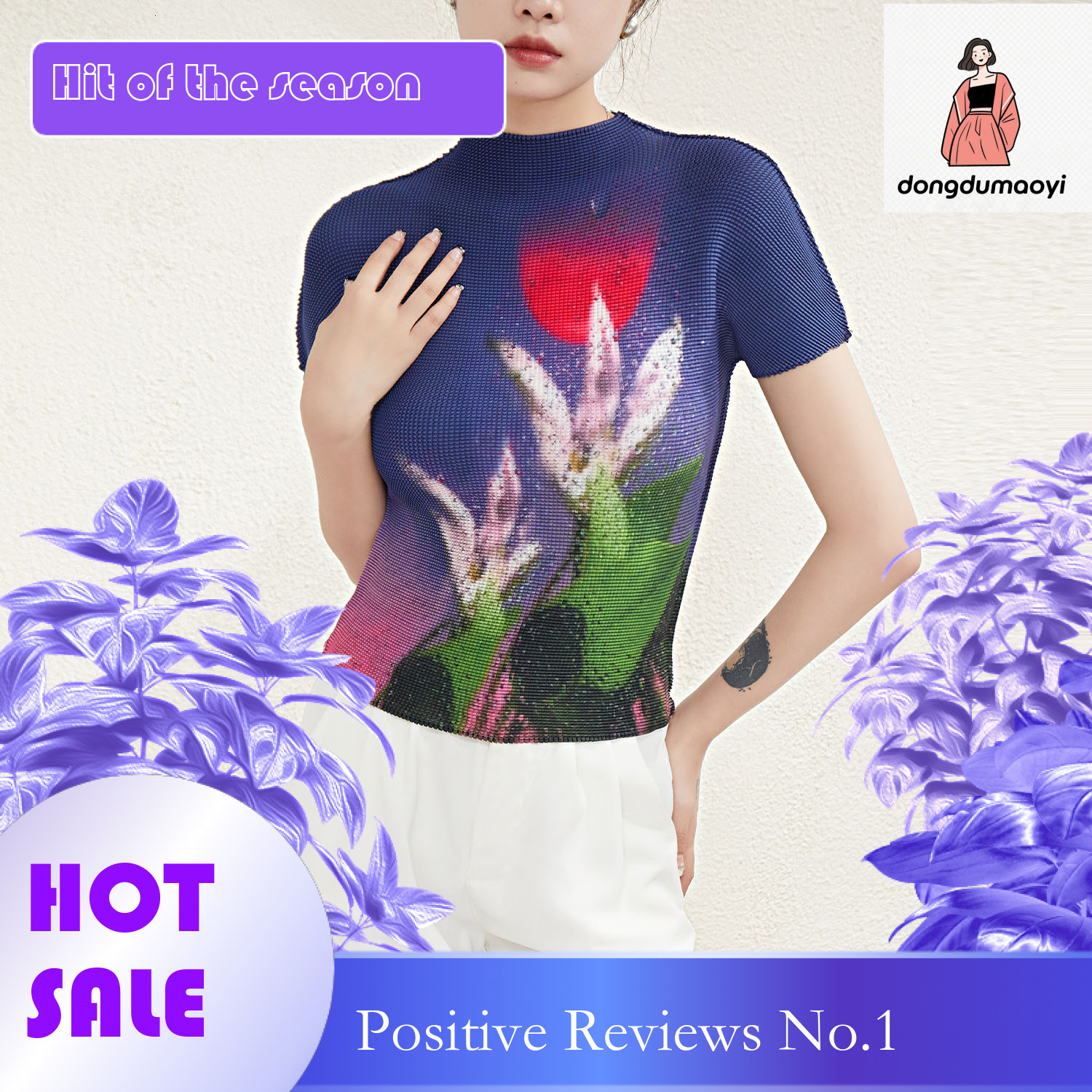 dongdumaoyi Corn pleated short sleeved T-shirt for women in summer 2024, fashionable and age reducing printed slim fit top