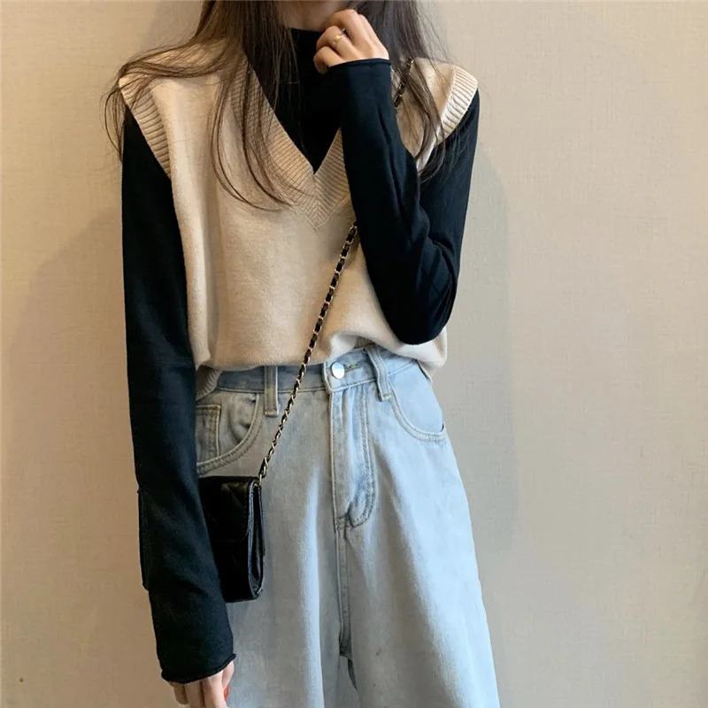 Women Knitted Sweater Vest Spring Autumn Short Loose Vintage Sleeveless Girls VNeck Pullover Tops Female Outerwear 250506